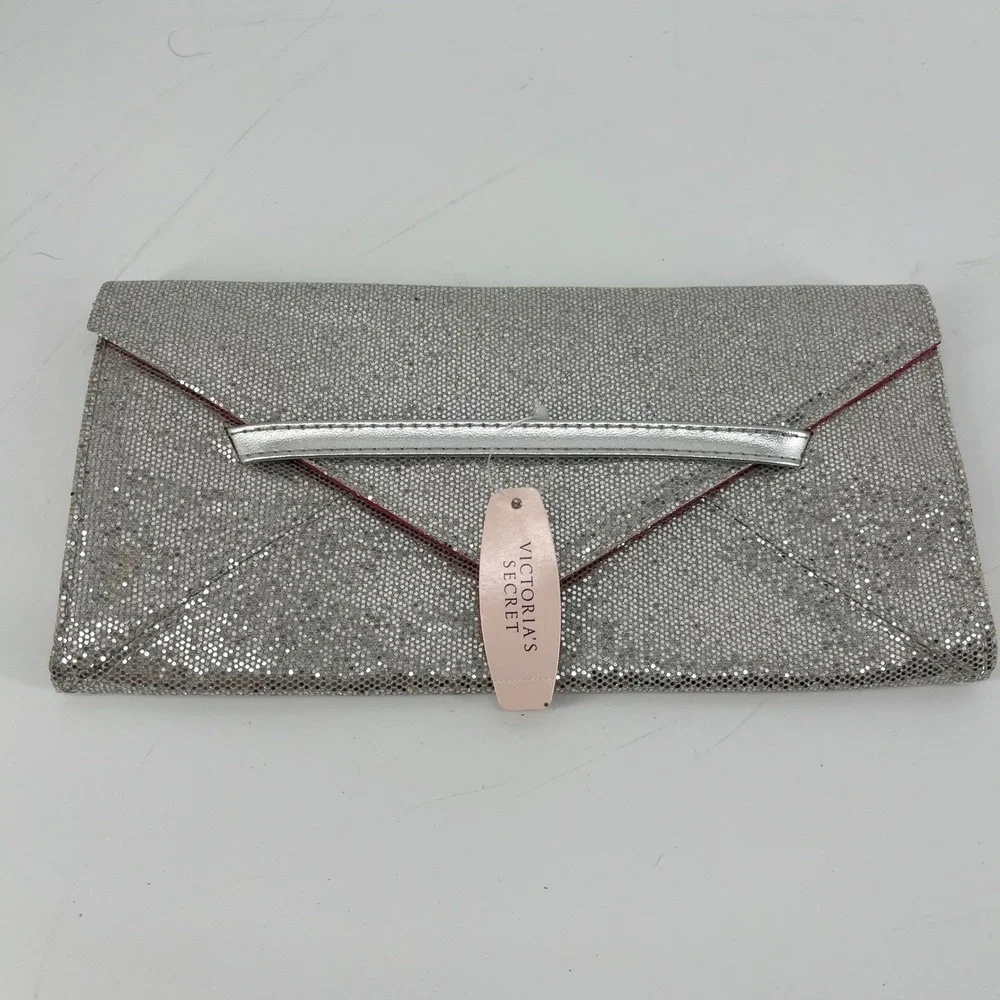 Victorias Secret Silver Glitter‎ Envelope Clutch Pink Lining Evening Bag